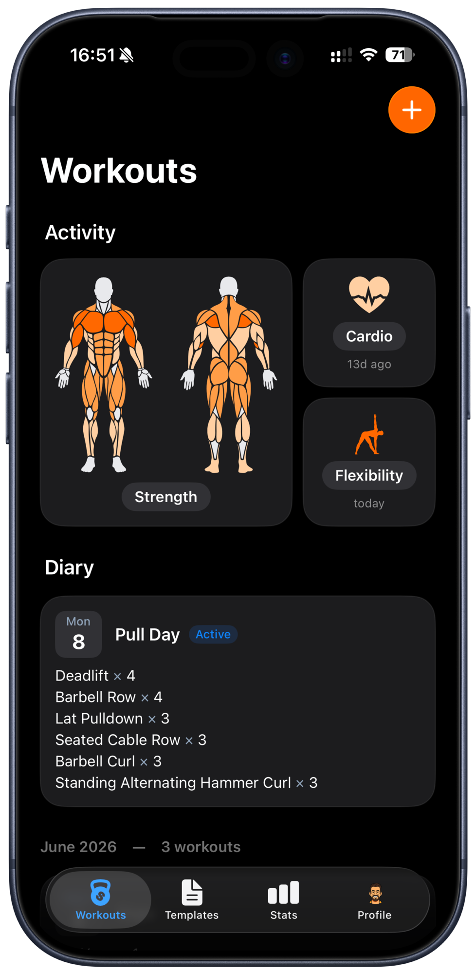 Activity map — anatomical figures with muscles lit by training freshness